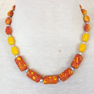 Red & Yellow Floral African Recycled Glass Strand Statement Necklace